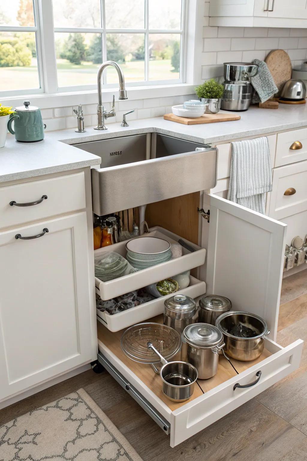 Under-sink storage maximizes space for small pots.