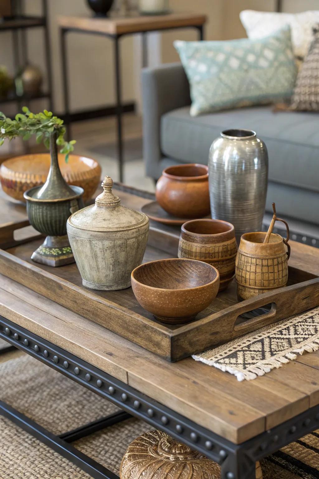 An eclectic mix of pottery, wood, and metal on a coffee table.