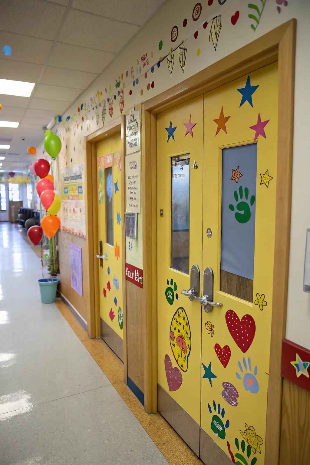 An inviting classroom door featuring personalized designs.