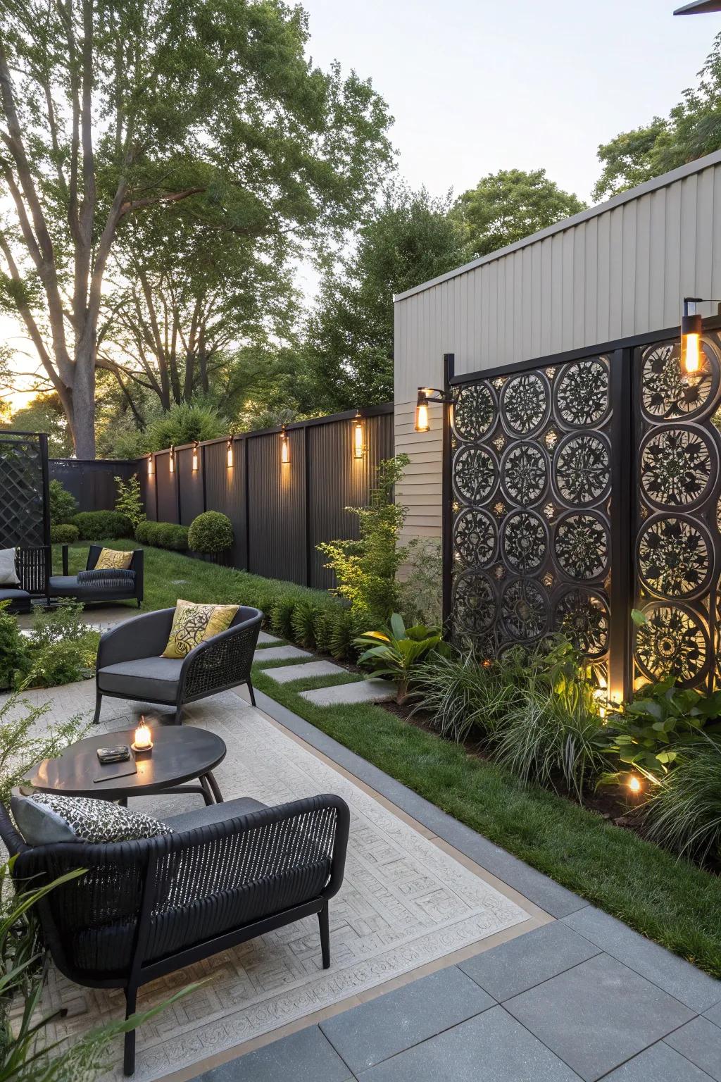 Ornamental metalwork panels provide privacy with an artistic flair.