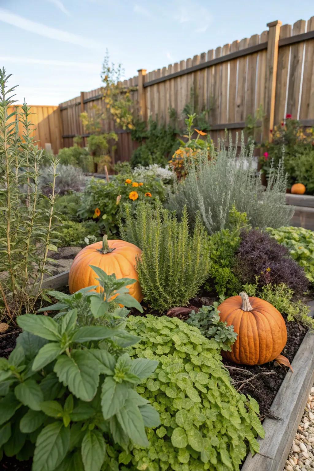 A fragrant herb garden complemented by pumpkins.