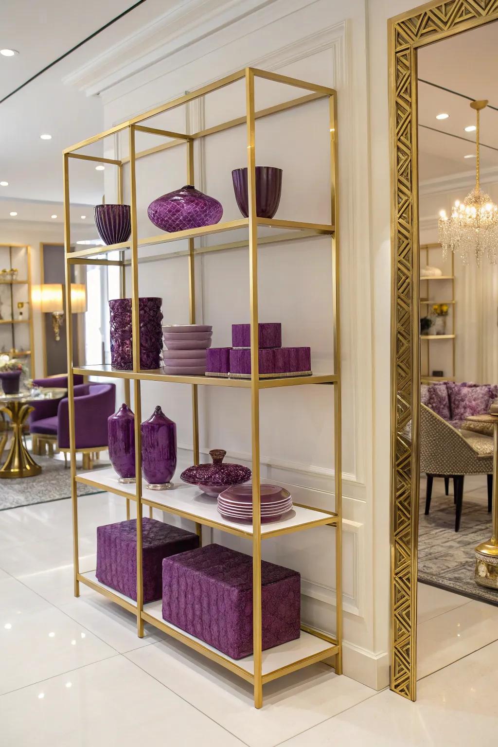 Gold shelving units displaying purple décor items become a focal point.