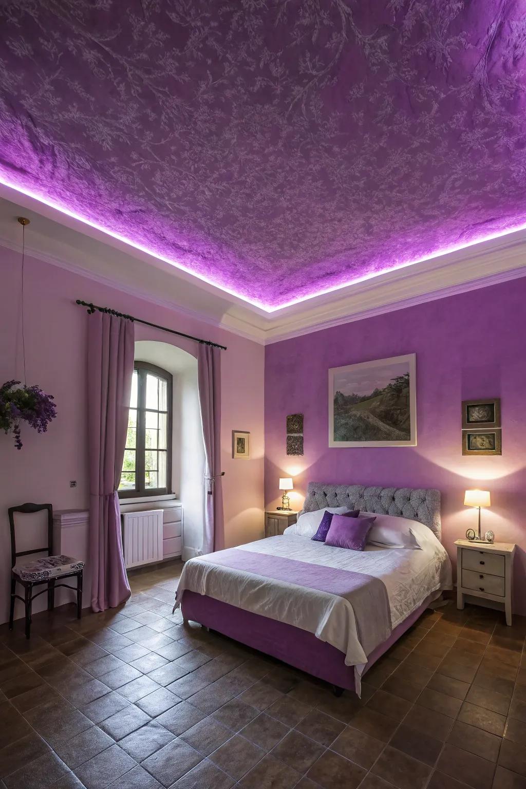 A striking purple ceiling enhancing the overall room design.