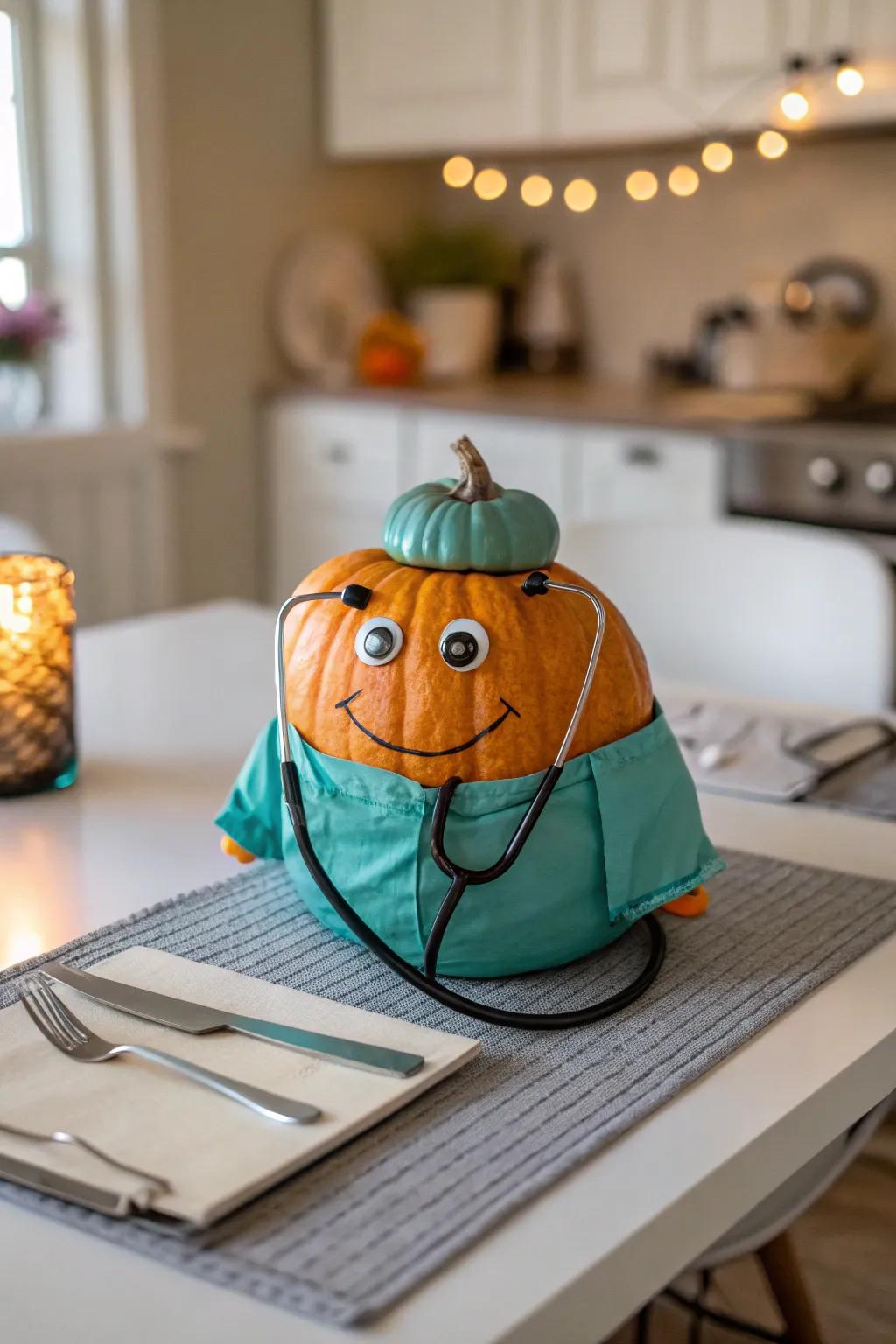 Pumpkin in medical scrubs for a quirky decor