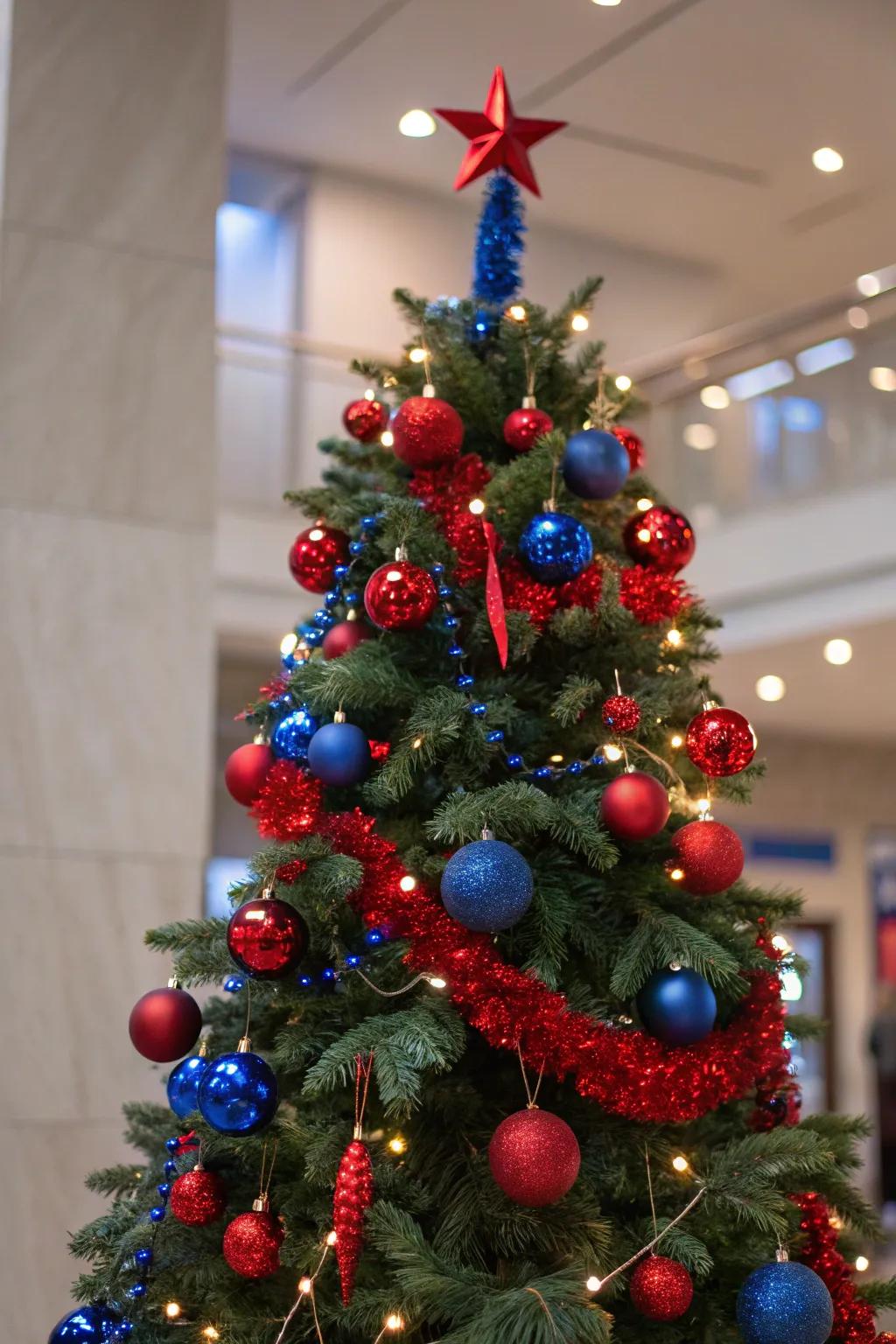 Bold Christmas tree featuring scarlet and azure accents