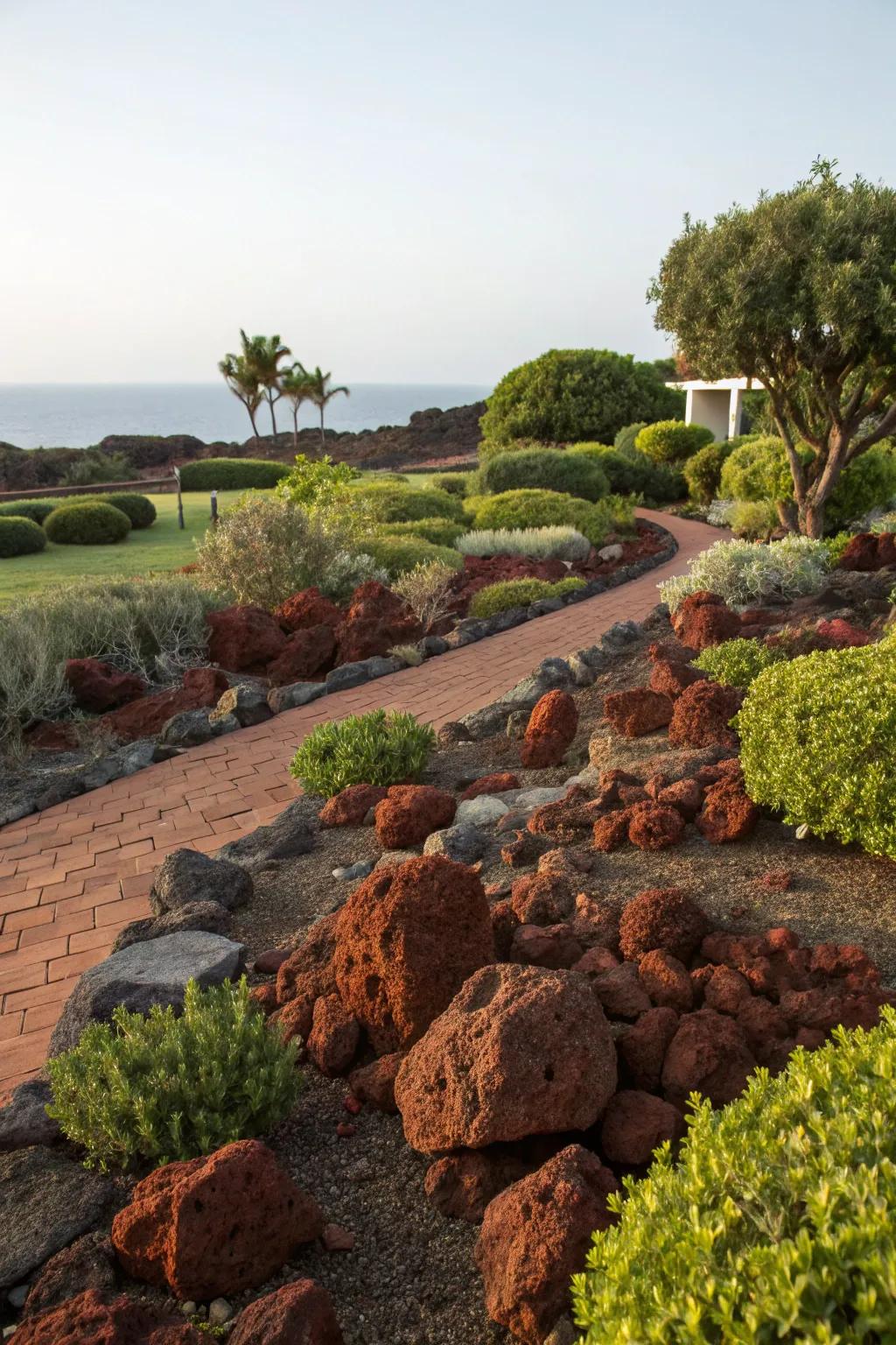 Scarlet igneous stones function as an aesthetically pleasing and pragmatic substitute for turf.