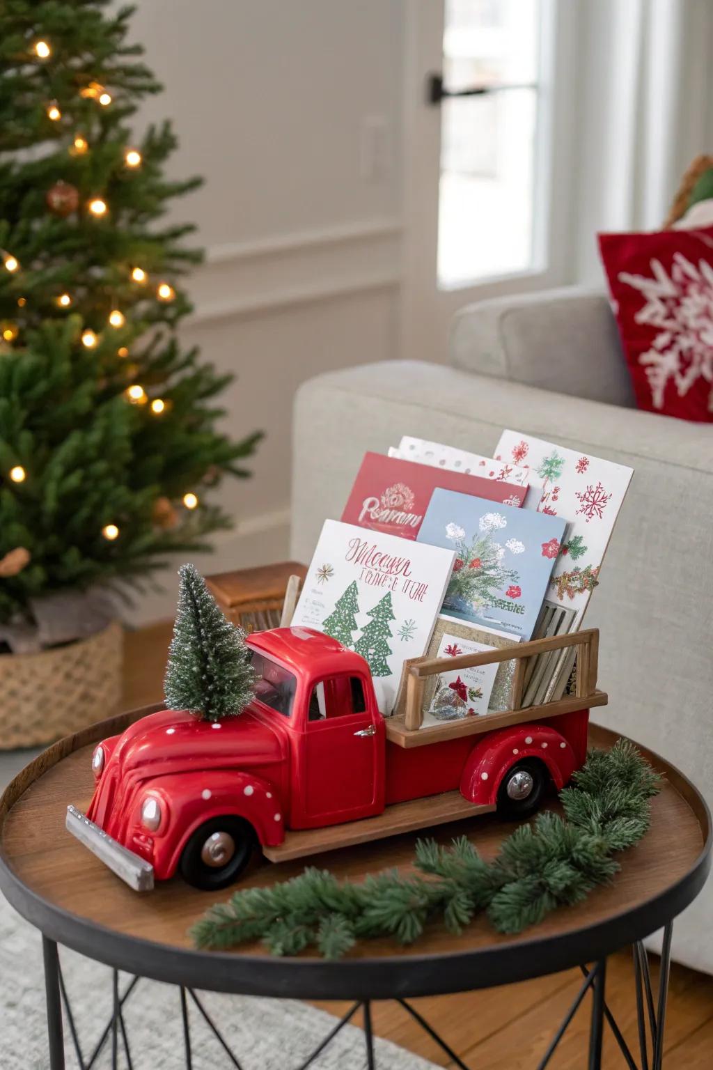 Festive red truck card holder showcasing holiday greetings.