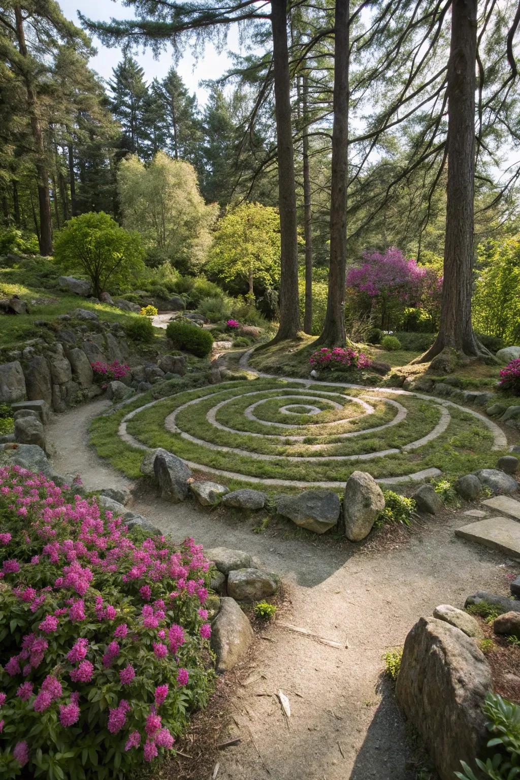 A rock labyrinth adds charm and intrigue to this garden landscape.