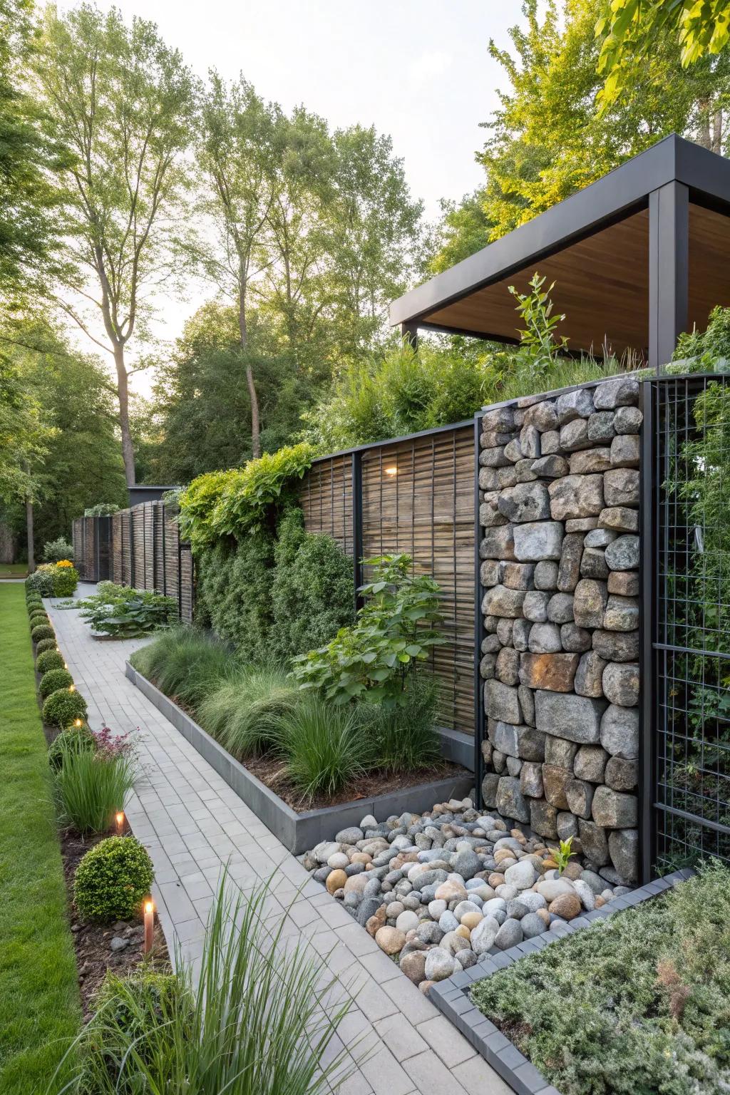 Add modern flair using gabion structures.