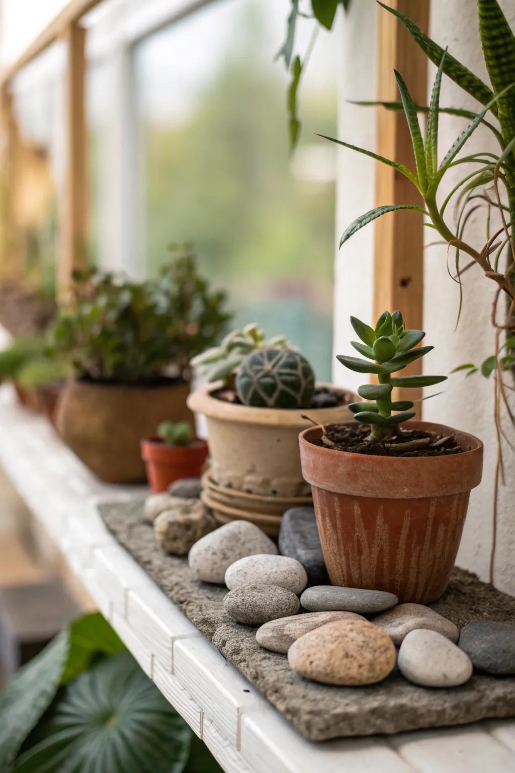 A lively vignette featuring stones and greenery