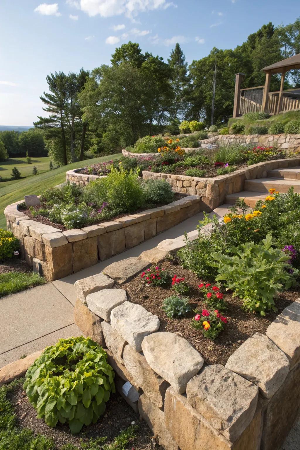 Raised stone edges providing dimension and structure to garden beds.