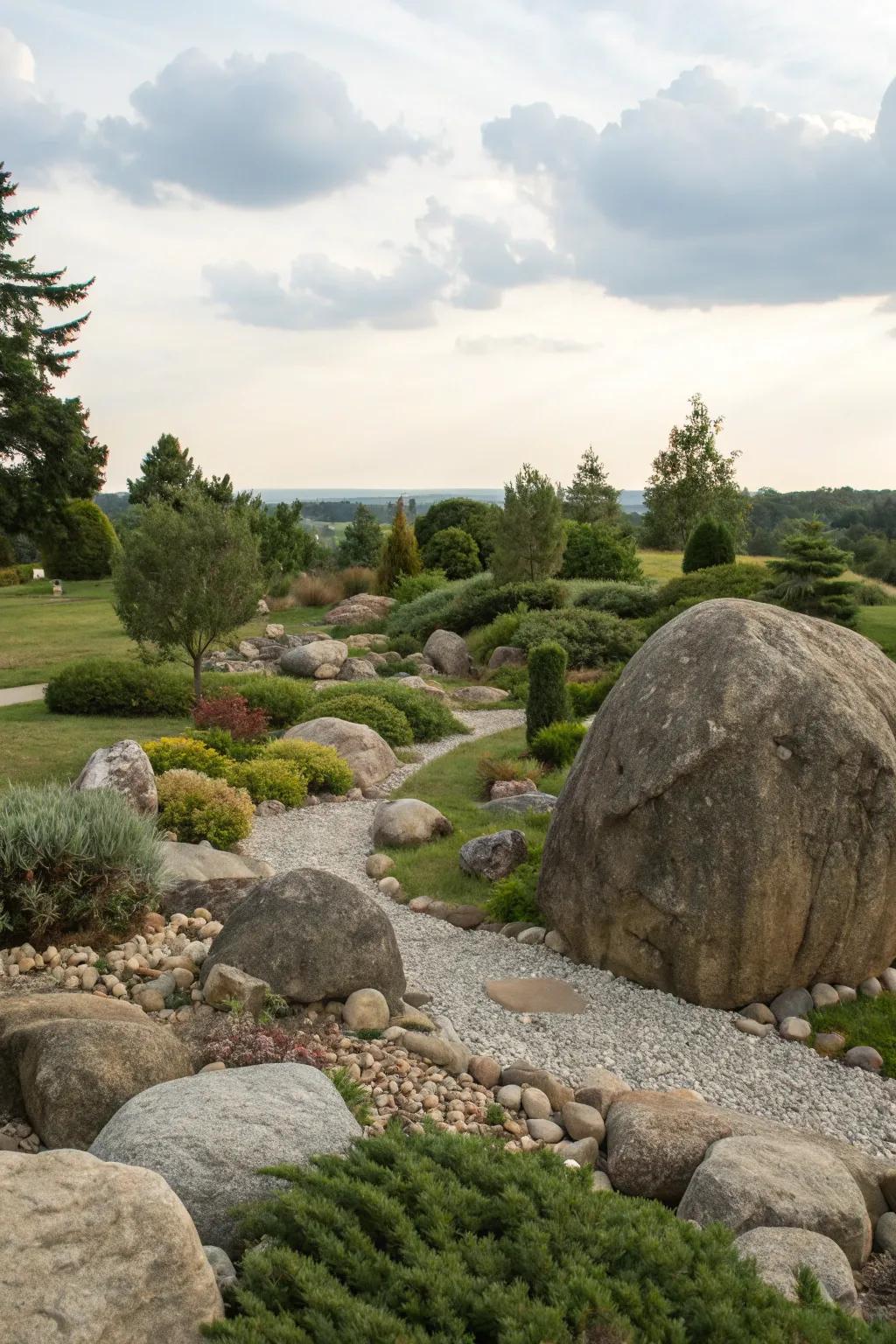 Large stones create brave focal points in the rock garden.
