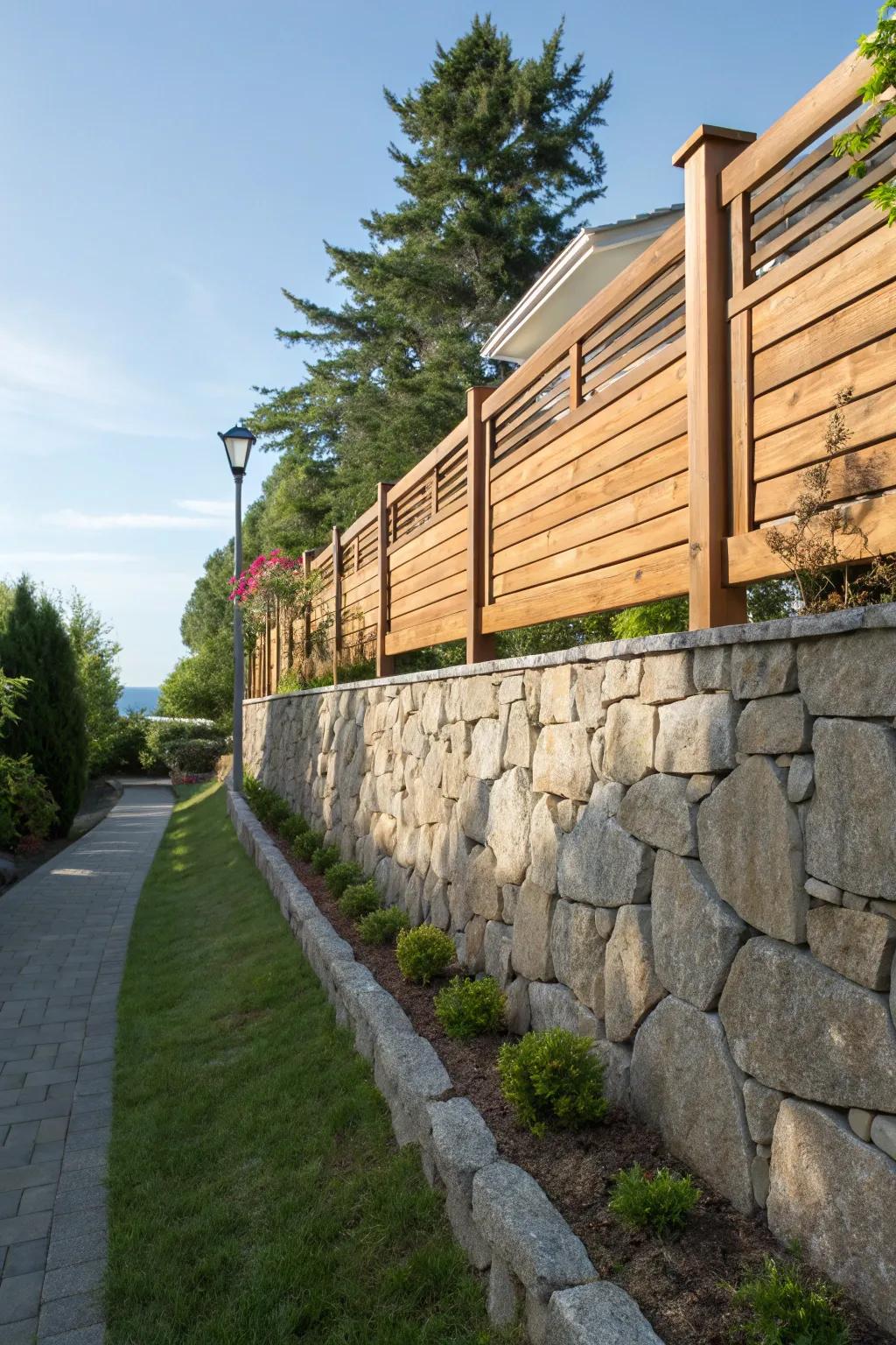 A barricade atop a stone wall proffers seclusion and sophistication.