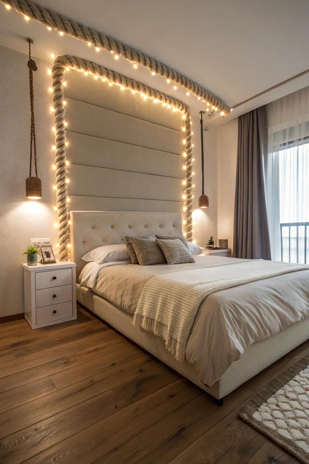 Upgrade your bedroom with a chic ribbon-lit headboard.