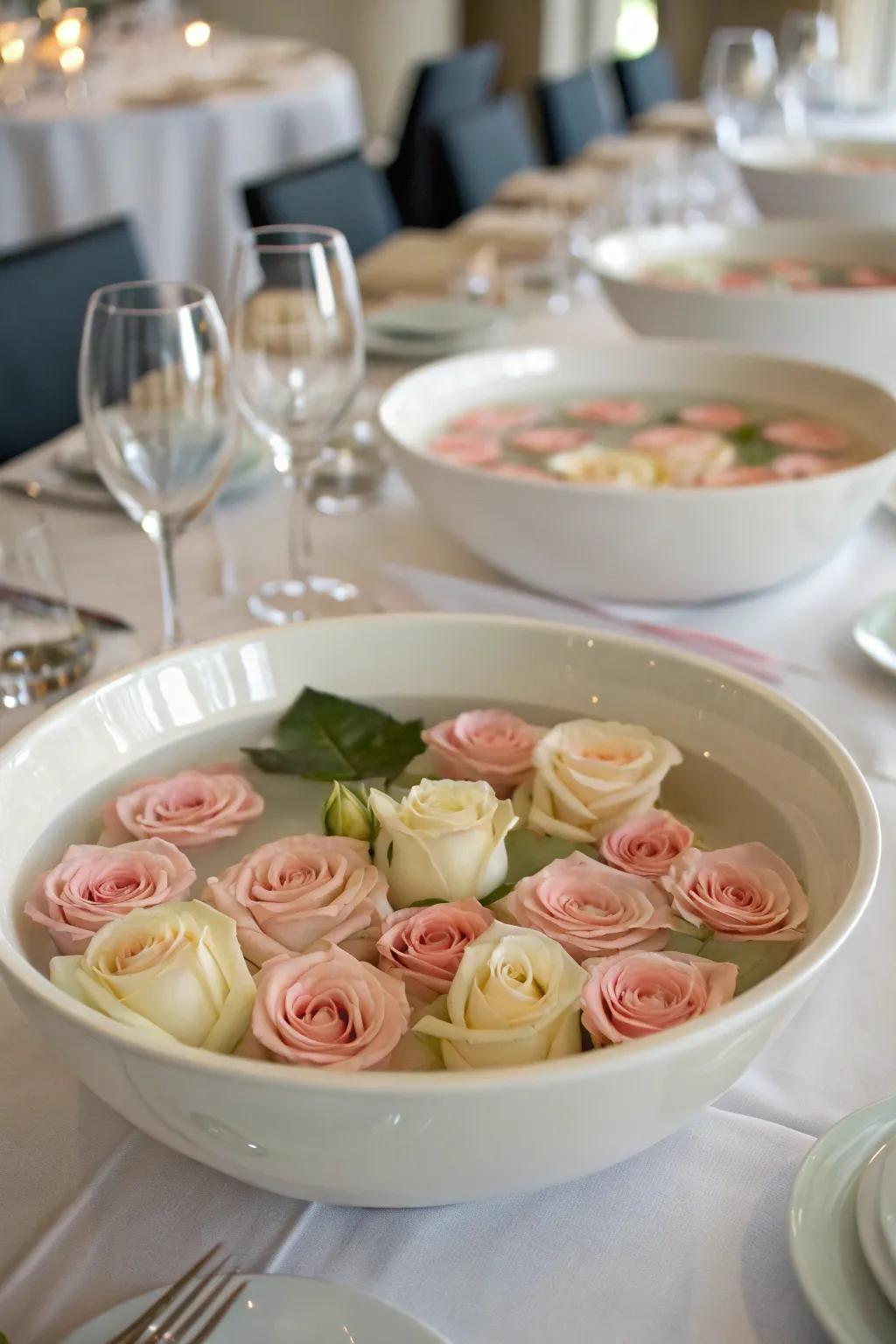 Serene and captivating via floating roses presented within bowls.