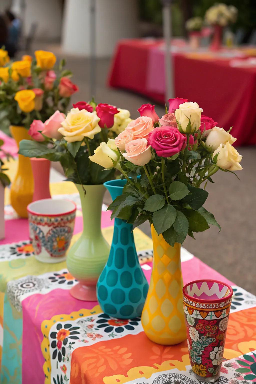 Lively Varied Mix with Colorful Vases and Roses
