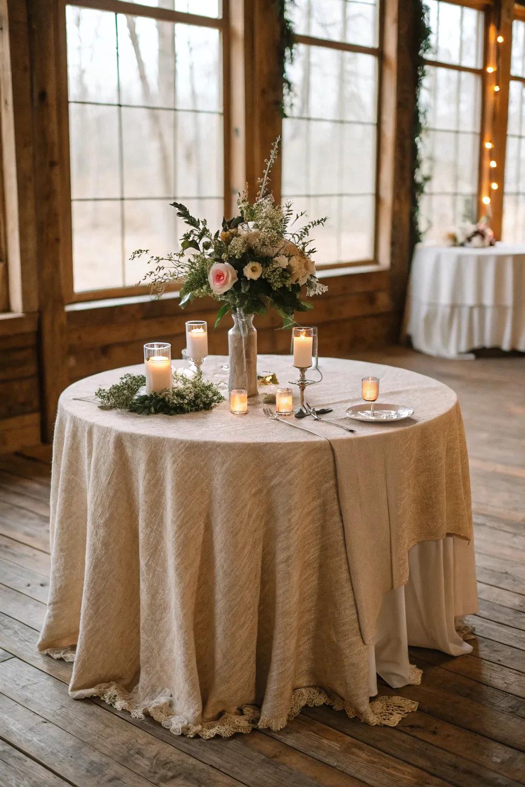 Raw fiber table covering for an eco-friendly wedding.