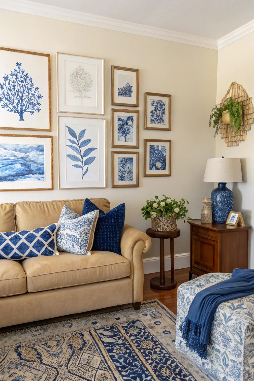 A gallery wall with royal blue artwork adds personality and charm.