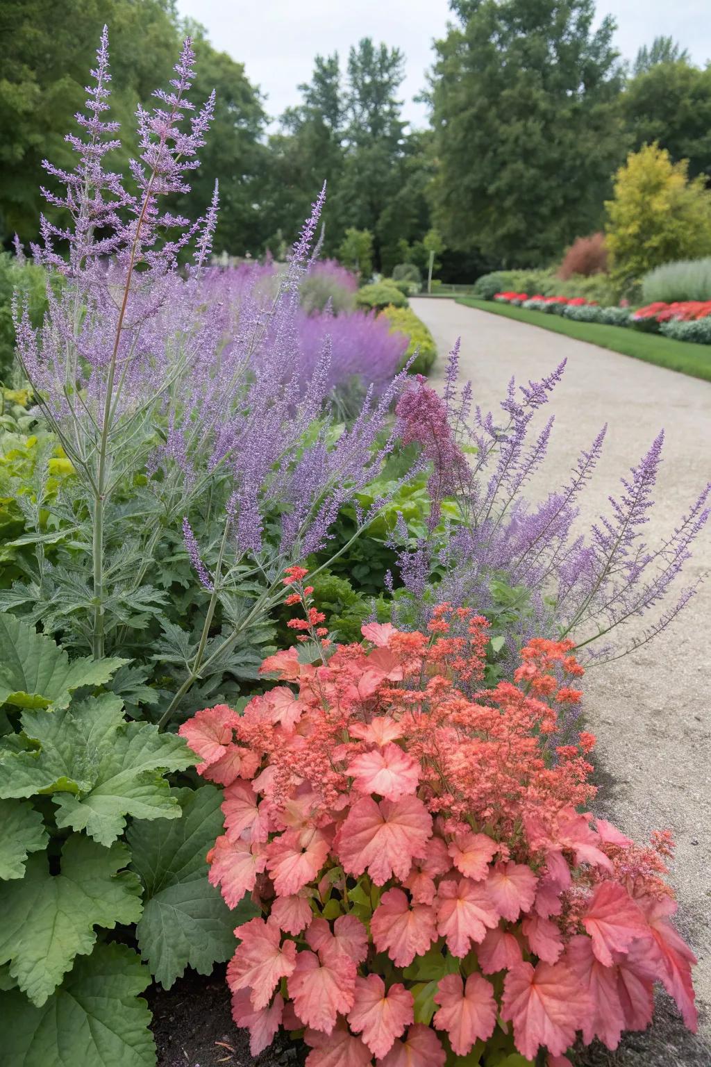 An unexpected garden pairing with Azure Beauty and coral bells.