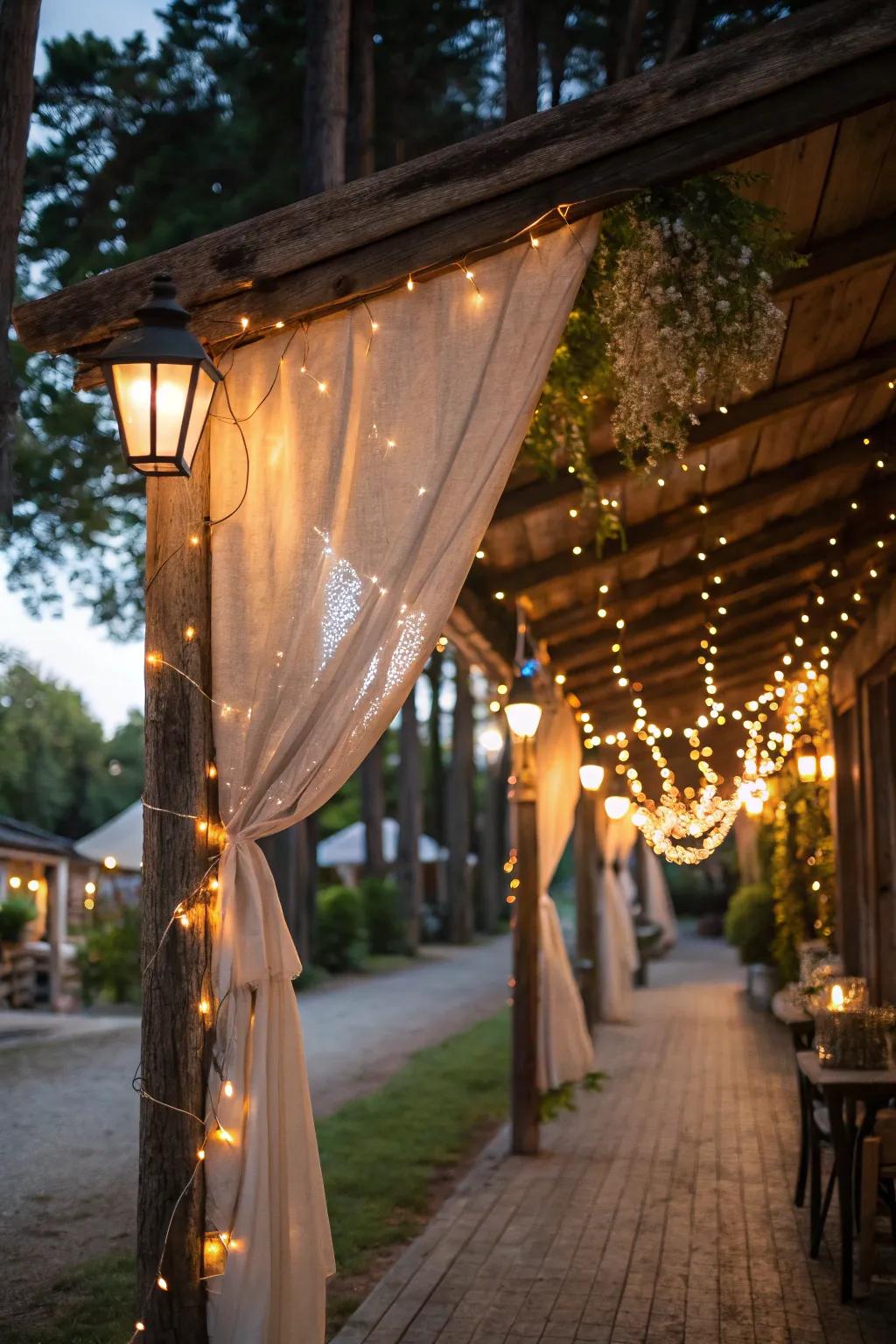 Twinkle lights create a magical countryside atmosphere.