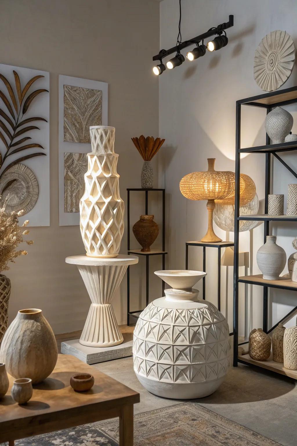 Sculptural decor introduces an artistic flair to any space.