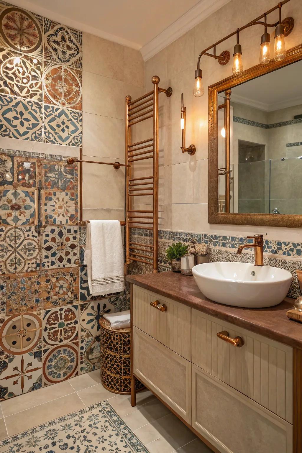 Create a statement with copper and Moroccan tiles.