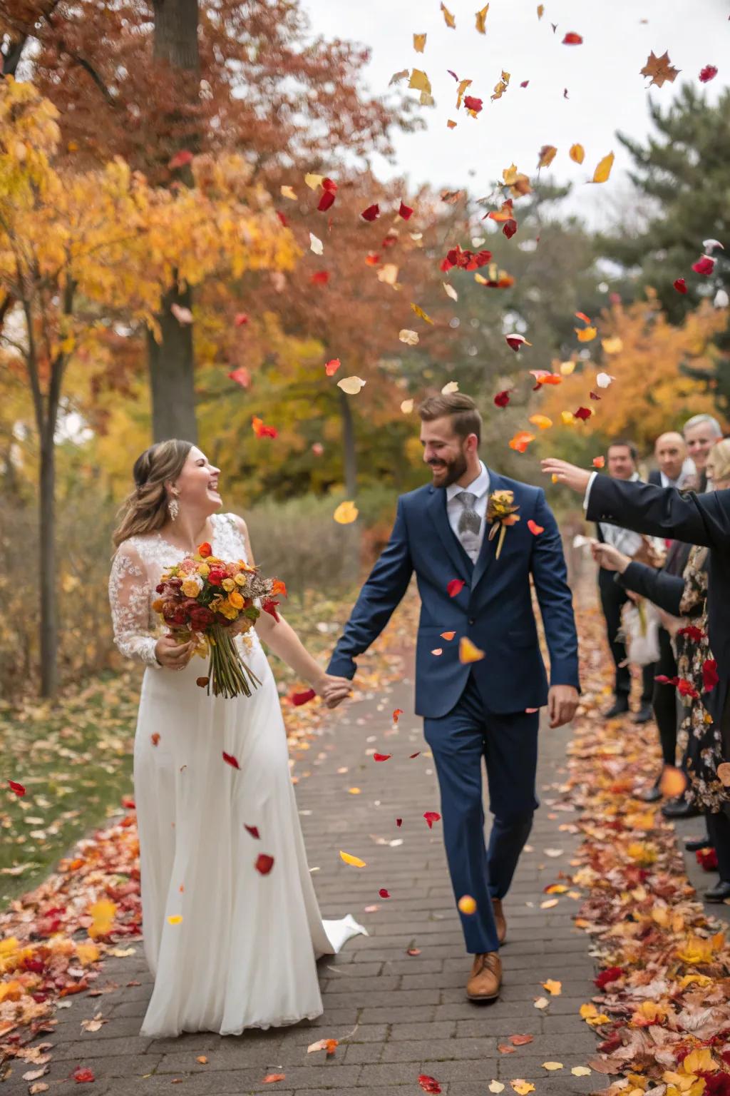 A leaf confetti send-off captures the spirit of fall.