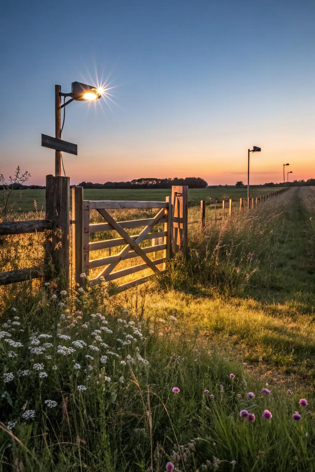 A farm portal beautifully illuminated with solar-powered lights.