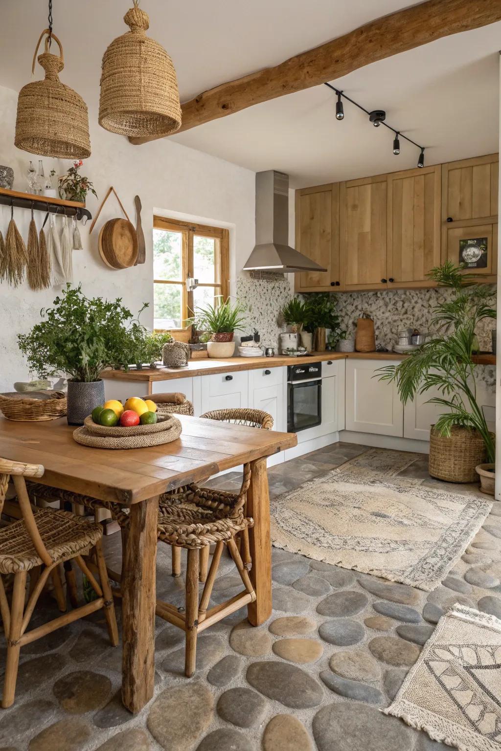 River rock flooring delivers an organic, tactile sensation indoors.