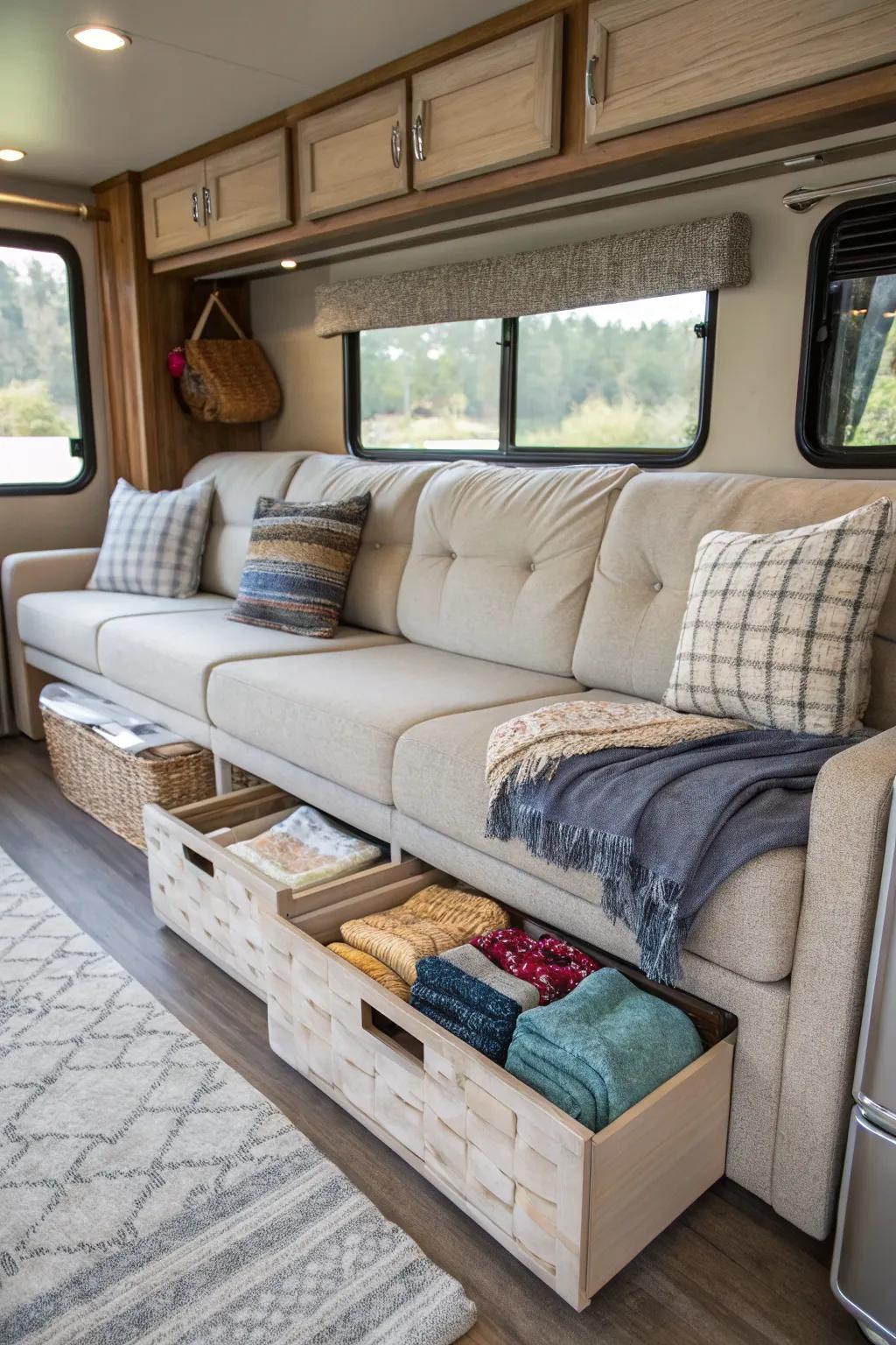 Furniture with built-in compartments for discreet laundry storage in an RV.