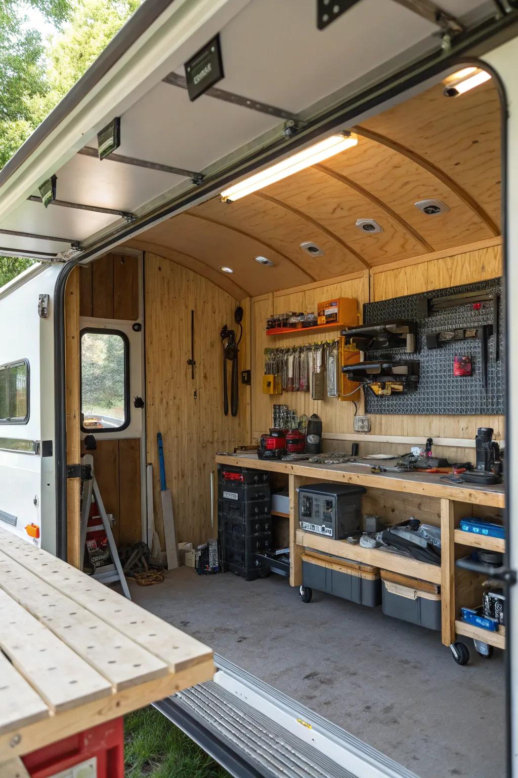 A multi-use RV shelter, combining storage with creative space.