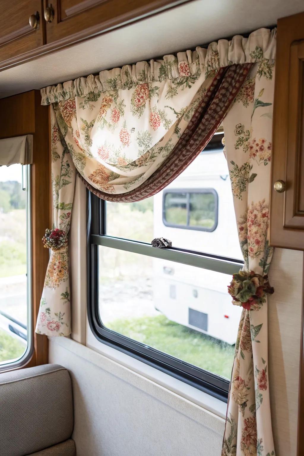 Overhangs contribute a decorative enclosure to RV windows, amplifying design.