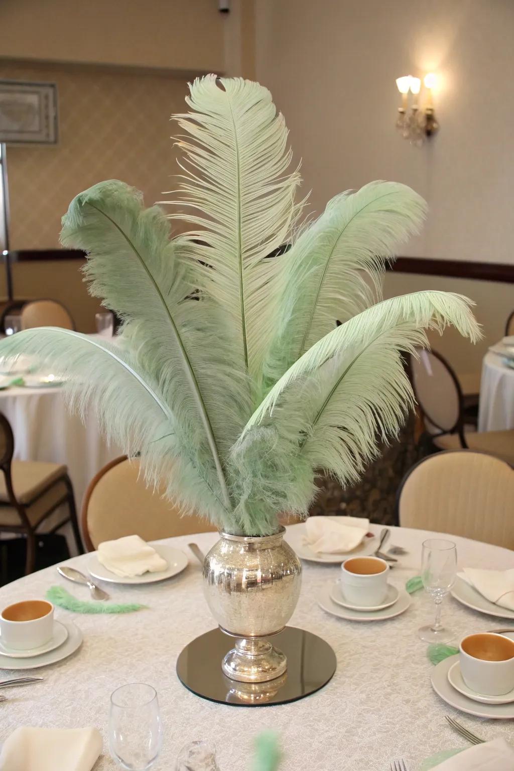 Feathers in sage green add a whimsical and intriguing accent.
