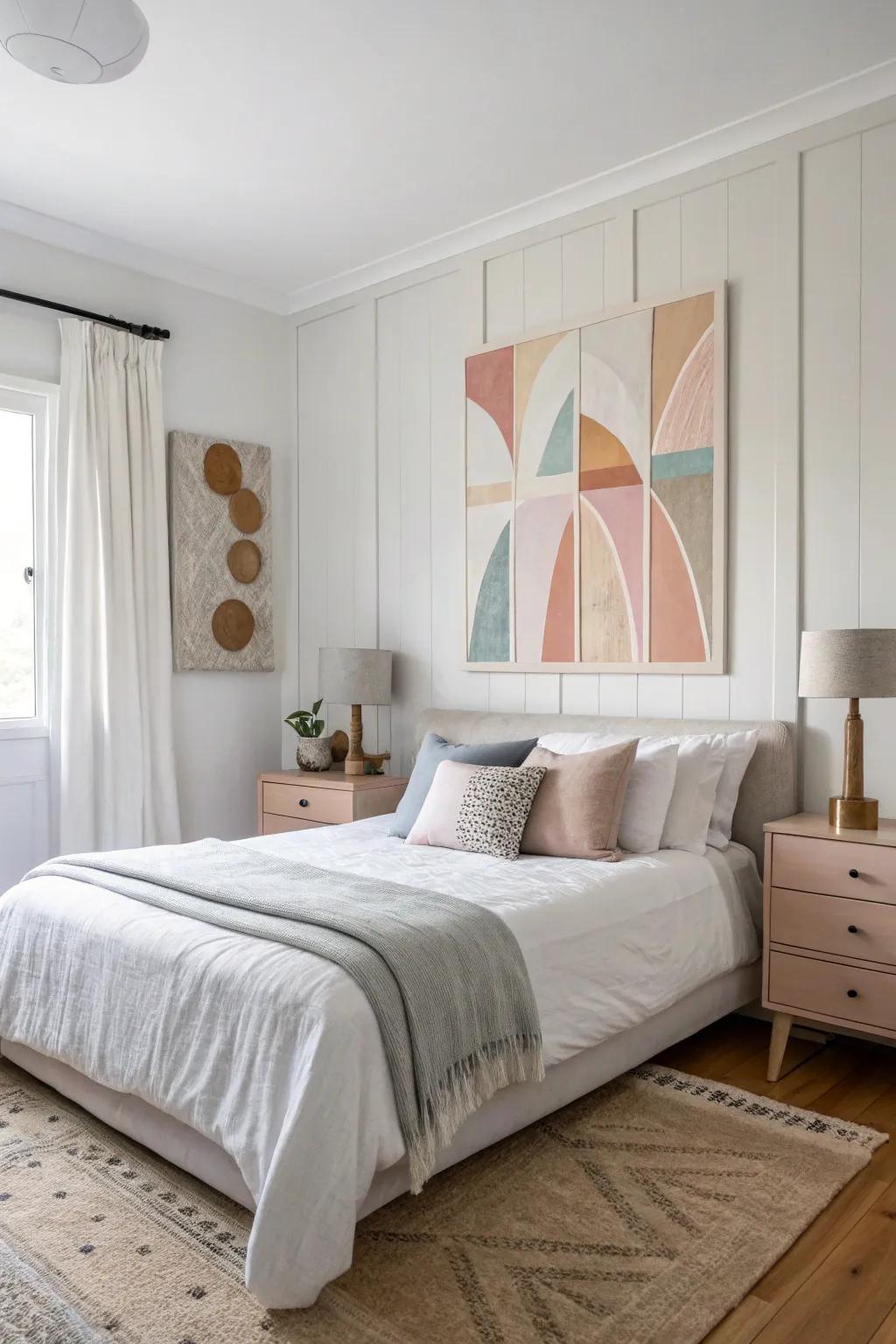 A sleep space with a DIY abstract cloth painting in a Scandinavian style