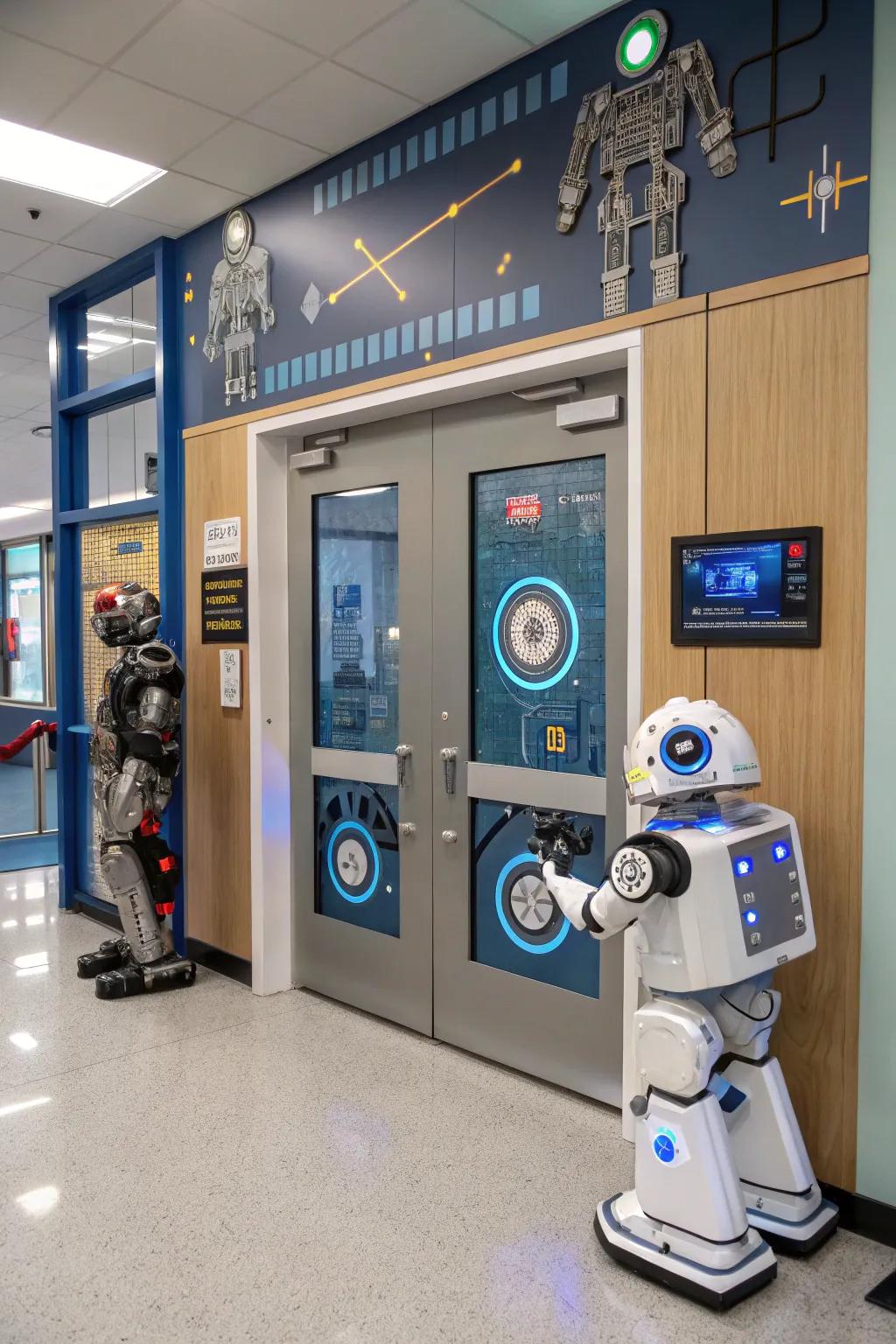 A futuristic tech-themed school door with innovative designs.