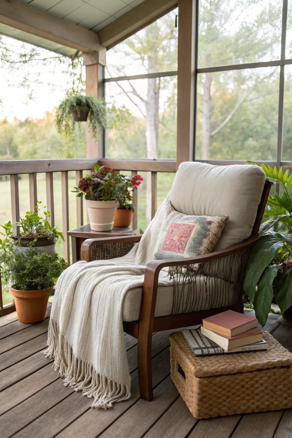 A reading alcove delivers a snug retreat on the porch.
