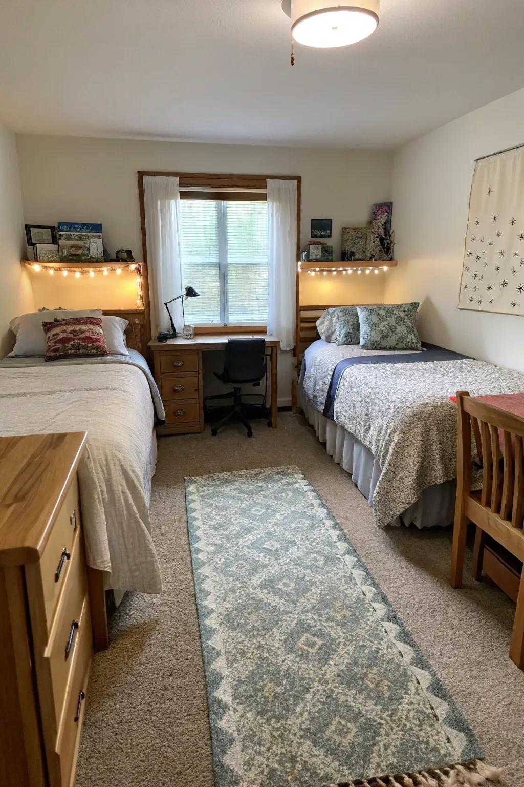 A rug subtly defines personal spaces in a shared room.