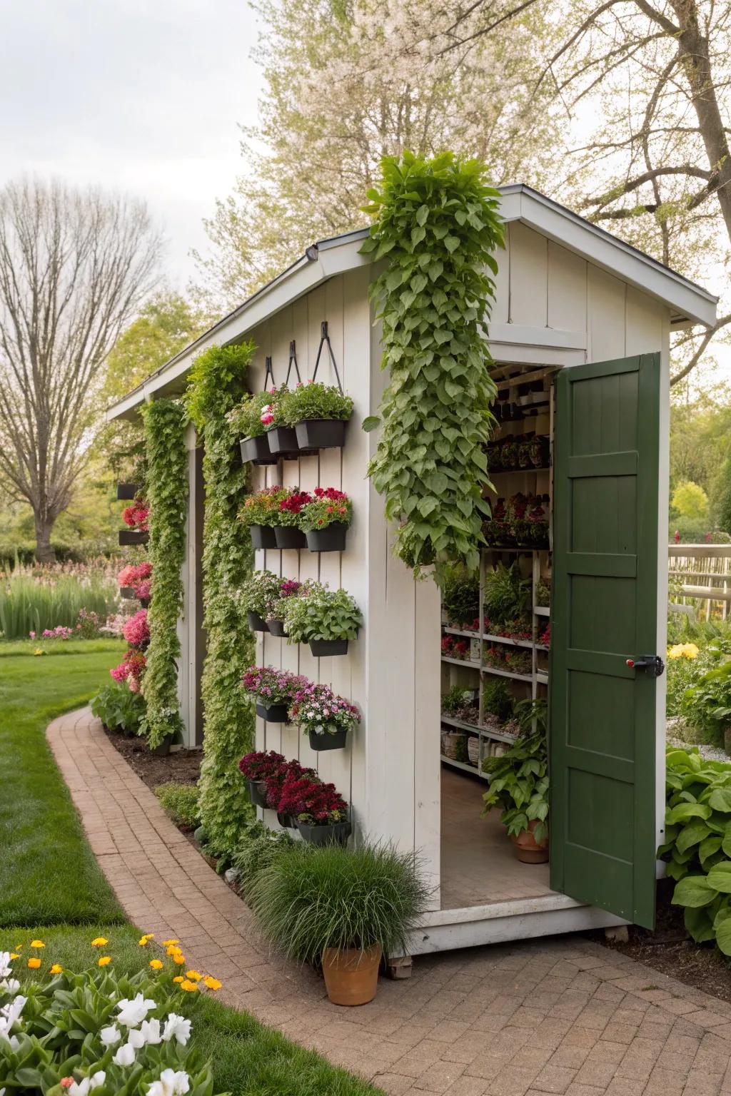 An outdoor shed featuring a lush vertical greenery arrangement.