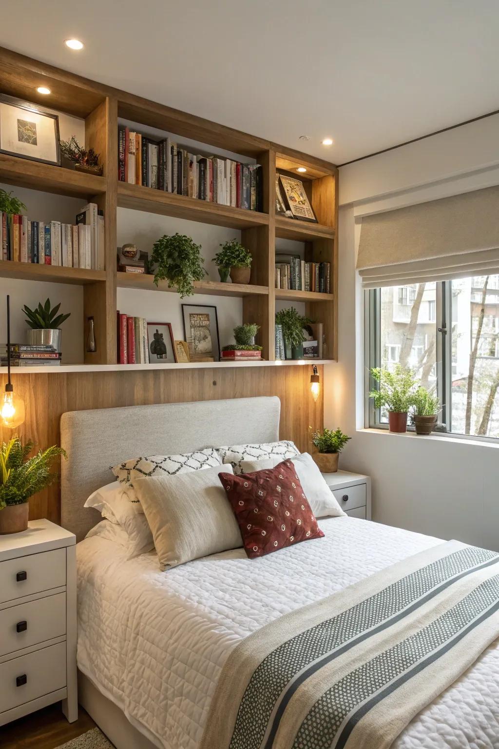 Displays as a headboard offer style and storage.