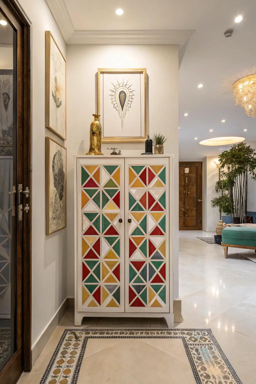 Geometric patterns give the shoe cabinet a modern twist.