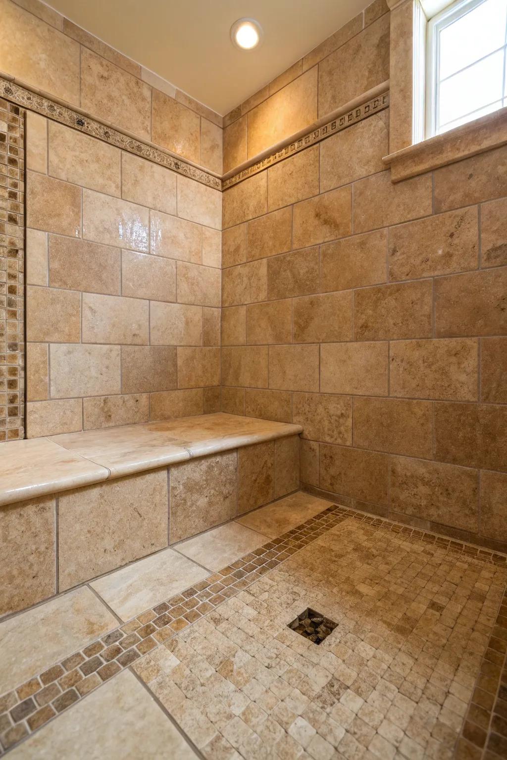 Textured limestone tiles in earthy tones create a serene, spa-like atmosphere on this shower pan.