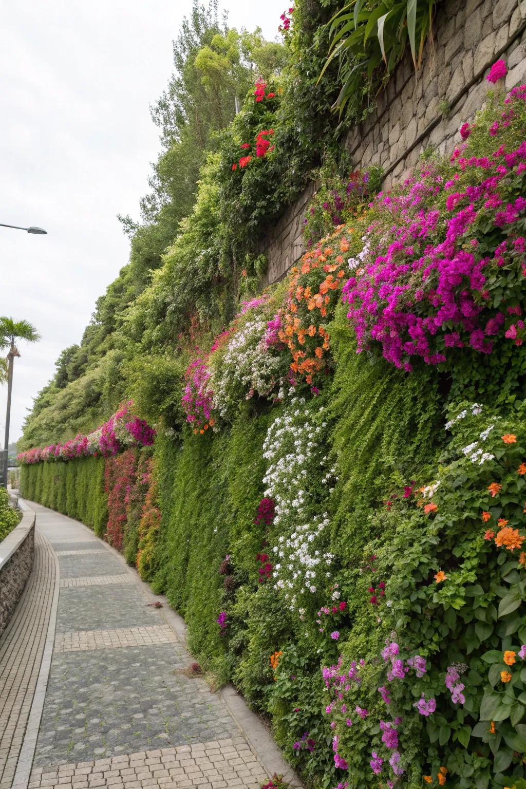 A vertical flower bed wall maximizes space with vibrant, cascading plants.