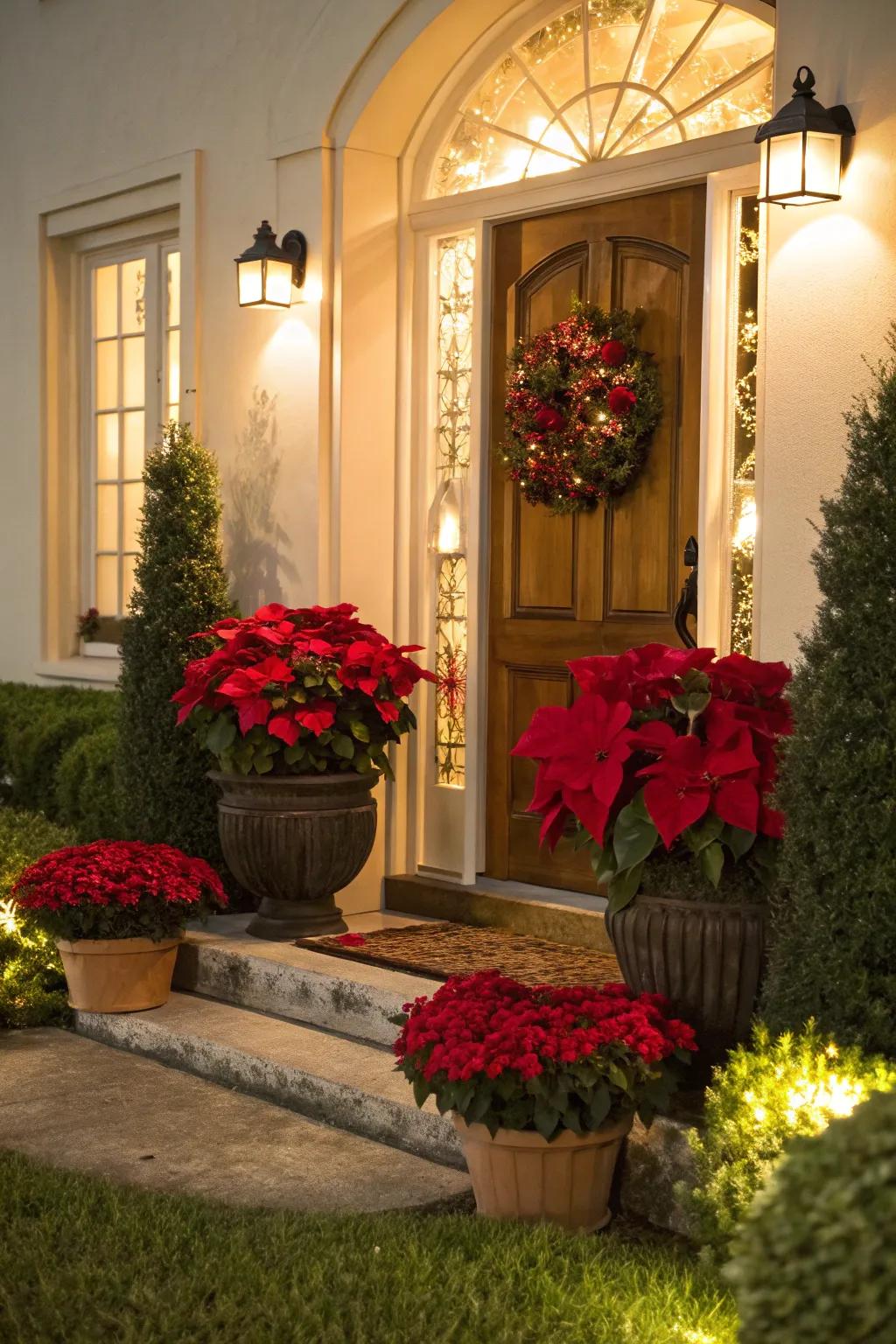 Holiday starters in holders bring vibrant holiday cheer.