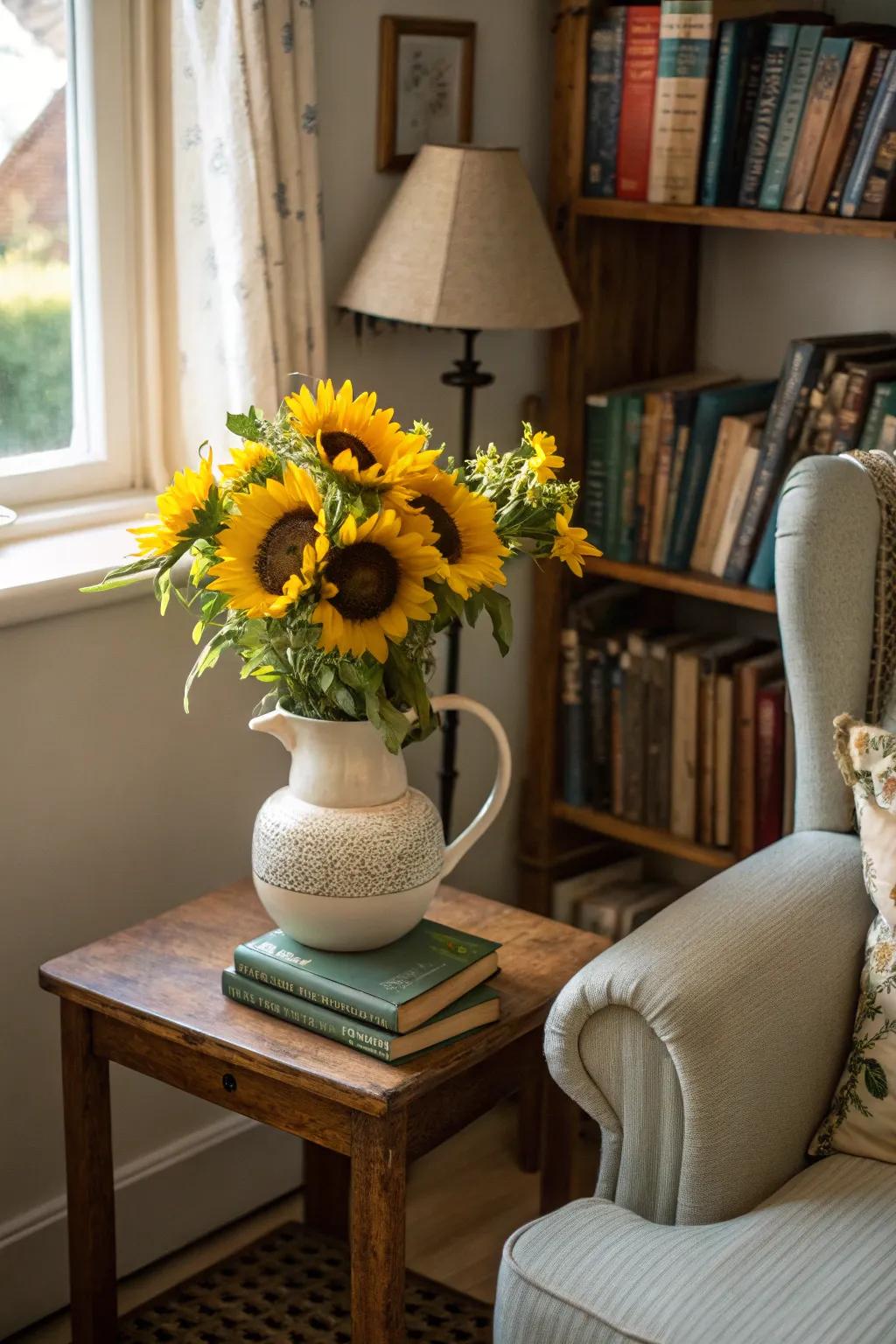 A tea service brings whimsy to a sunflower arrangement.