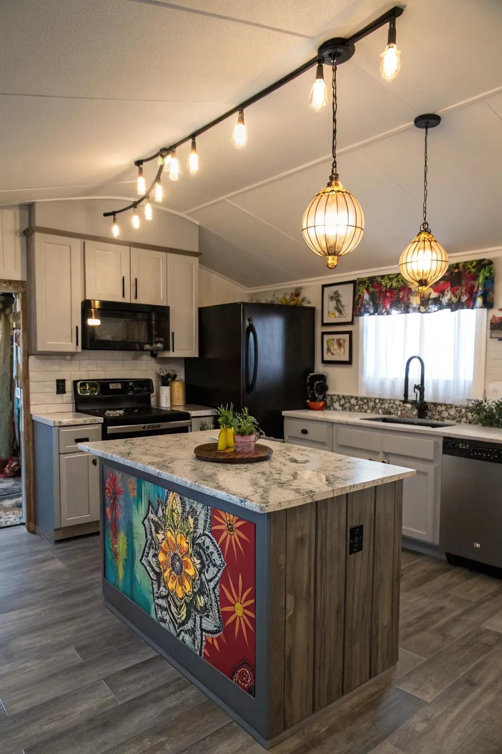 Unique light fixtures create an artistic focal point.