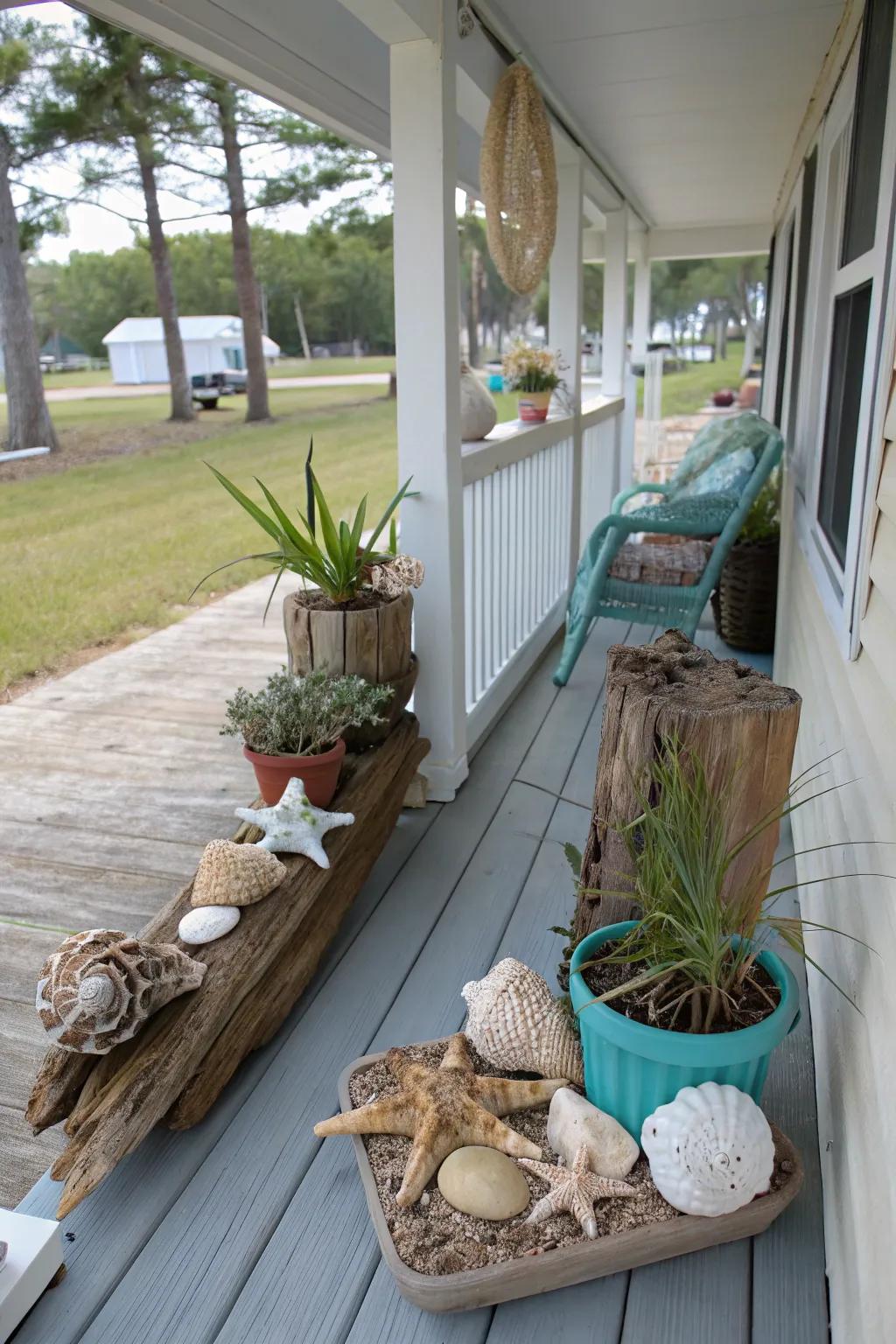 Curated decor creates a unique porch atmosphere.