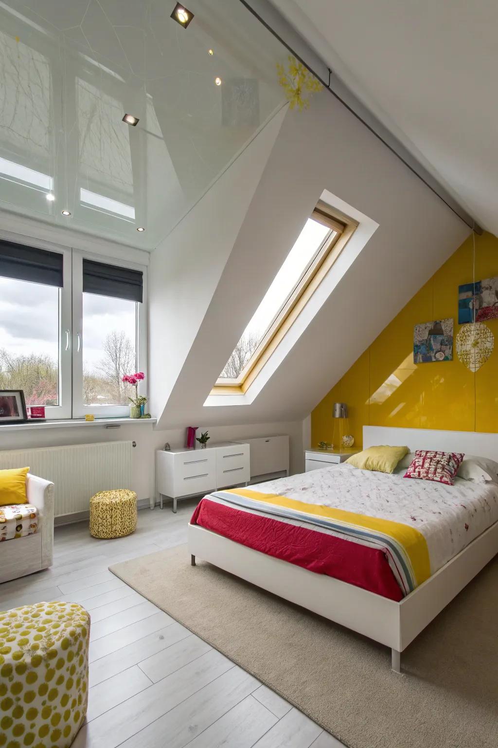 This modern bedroom makes effective use of satin paint to bounce light around the room and give the impression of more space.