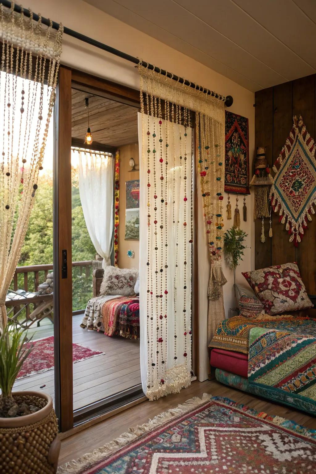 String panels bring a bohemian flair and texture.