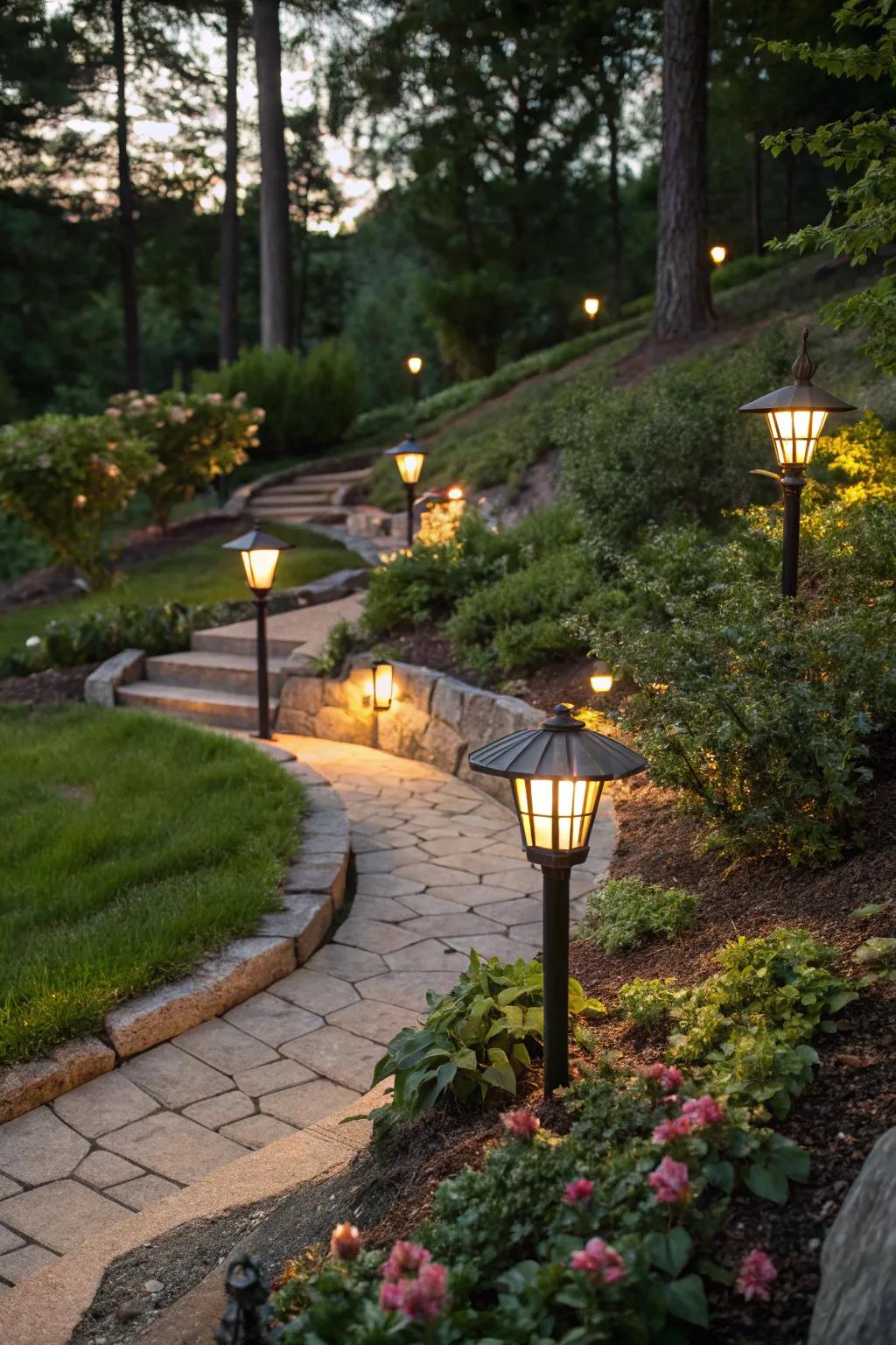 Sustainable lighting brightens paths sustainably in sloped gardens.
