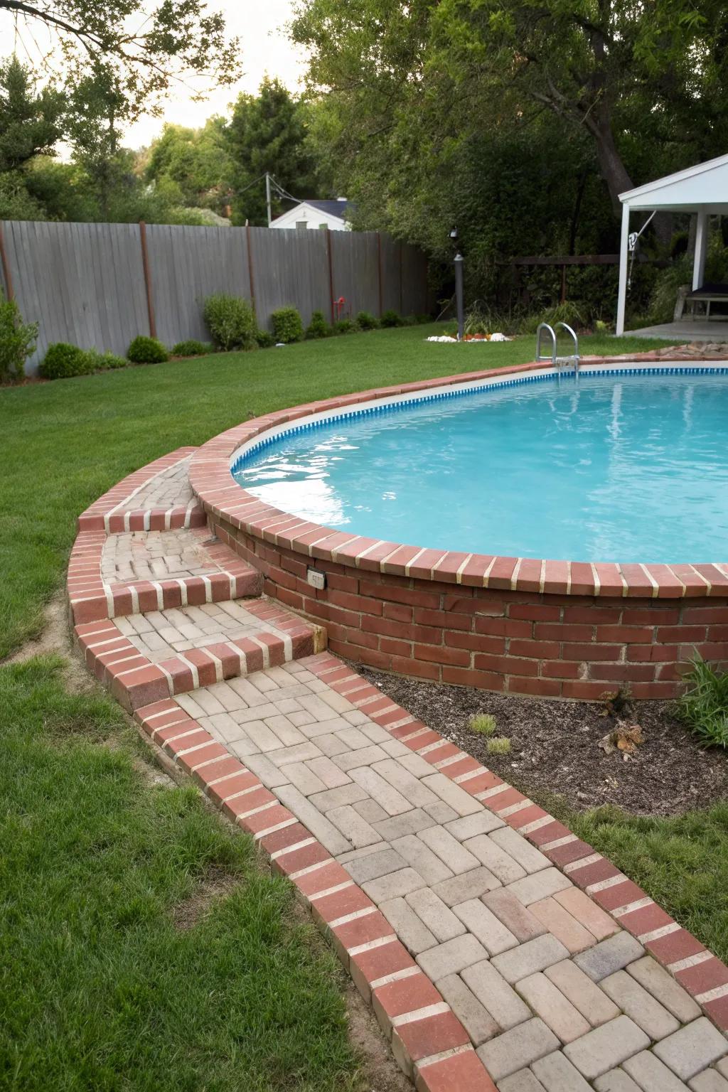 A rustic brick walkway introducing allure to the pool area.